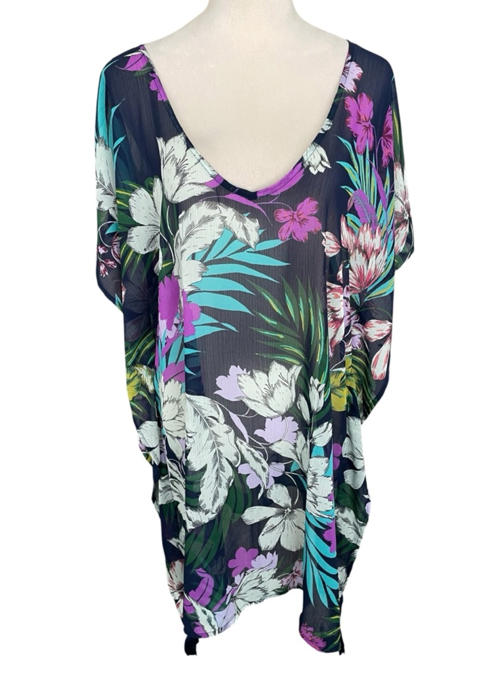 Kona Sol Floral Beach Cover-Up XL‎ Semi Sheer Resort Wear Coastal Flowy Tasseled